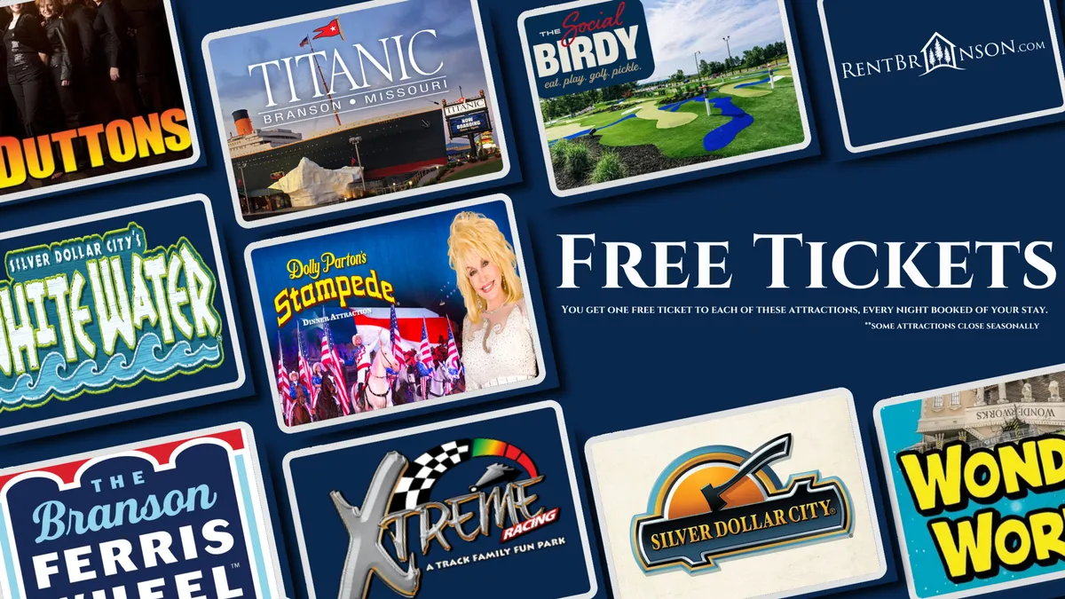 A vibrant graphic featuring various attraction logos and the 'Free Tickets' text, set against colorful, energetic backgrounds that evoke the excitement of exploring Branson's most popular destinations. The imagery suggests access to live shows, theme parks, and local entertainment.
