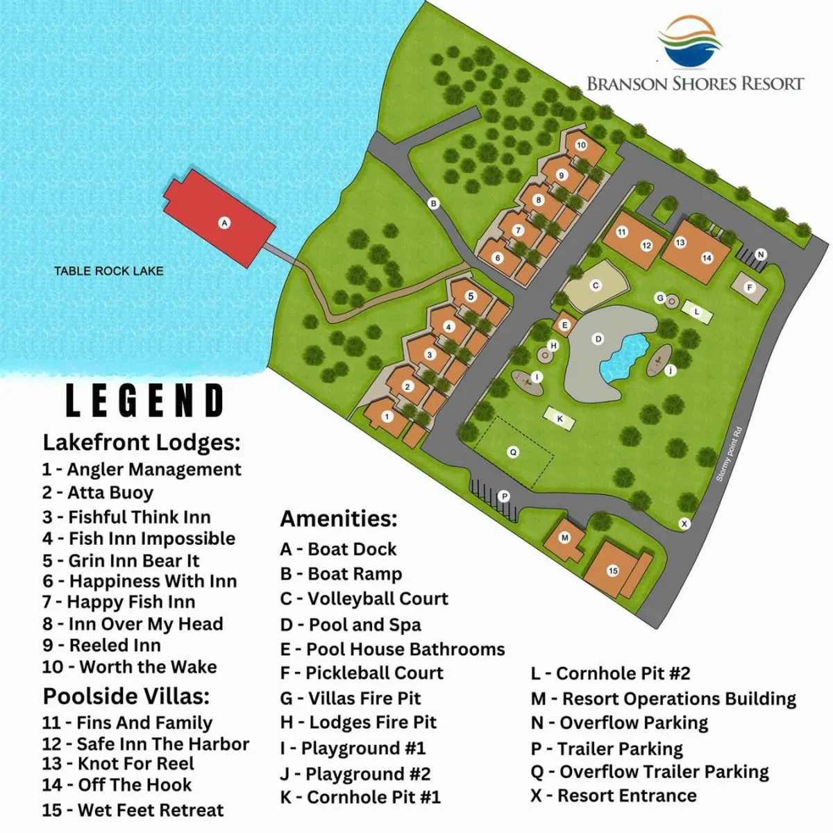 A sweeping exterior scene of Table Rock Lake, with Lakefront Lodges, a visible amenities area, and groups enjoying activities like fishing, swimming, and picnicking. The relaxed mood and communal atmosphere evoke the spirit of a Branson getaway.